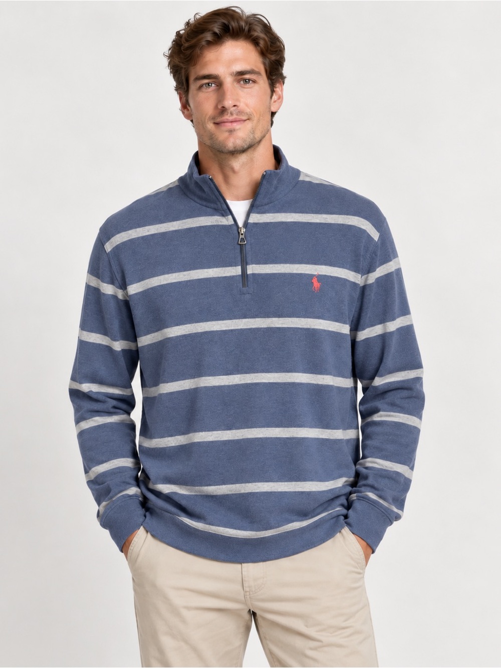 New Polo Ralph Lauren Cotton Blend Men L Blue Striped Quarter Zip Pullover